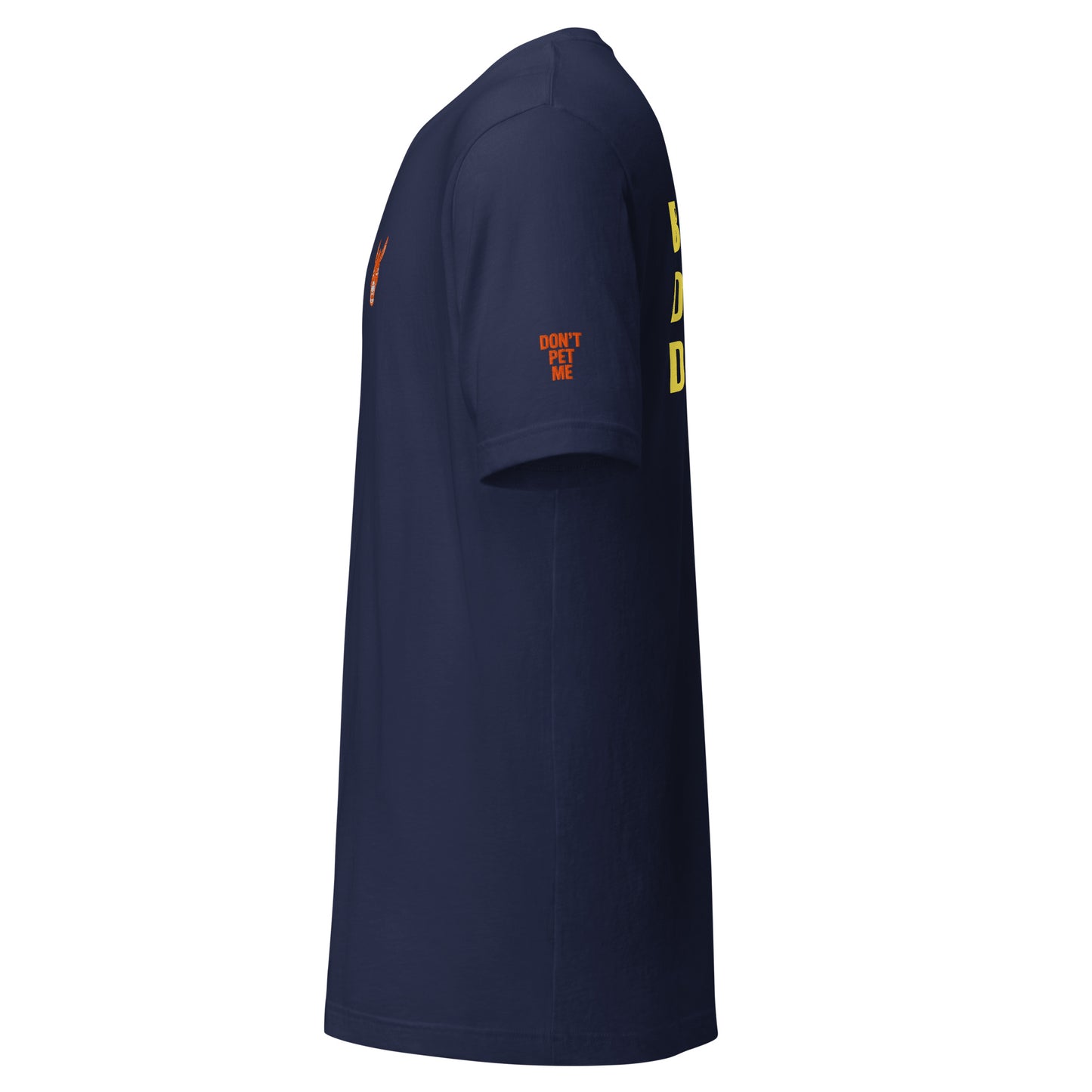 STBN Born Difficult navy t-shirt left side view showing "Don't Pet Me" orange embroidered sleeve text.