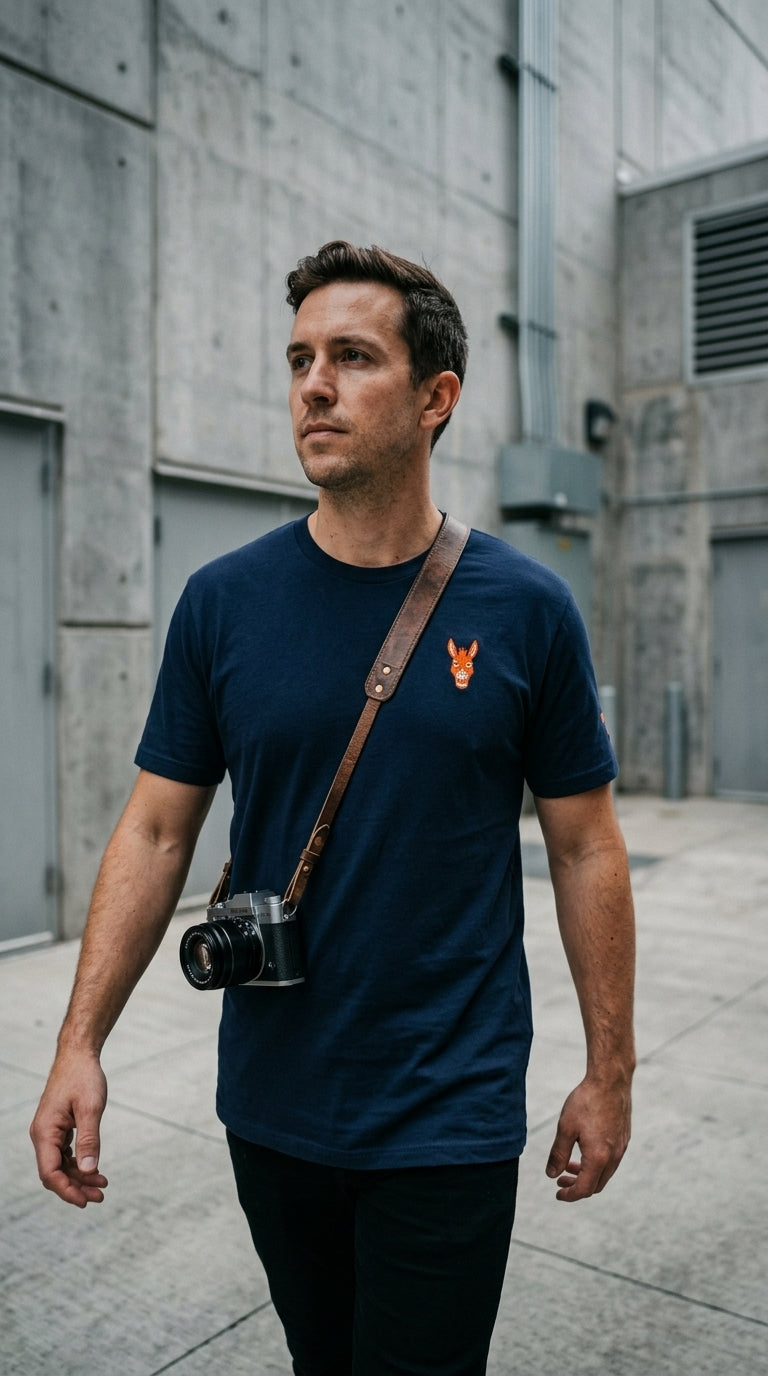 A candid, low-angle street photography shot of a man walking through a clean, industrial urban area. He is wearing a navy blue classic-fit t-shirt. On the left chest is a small, high-density orange embroidered logo of a donkey. The man has a camera strap over his shoulder. The background is a textured grey concrete wall with a slight blur (bokeh). The photo looks like a lifestyle shot from a streetwear blog, realistic lighting, slightly moody city vibes