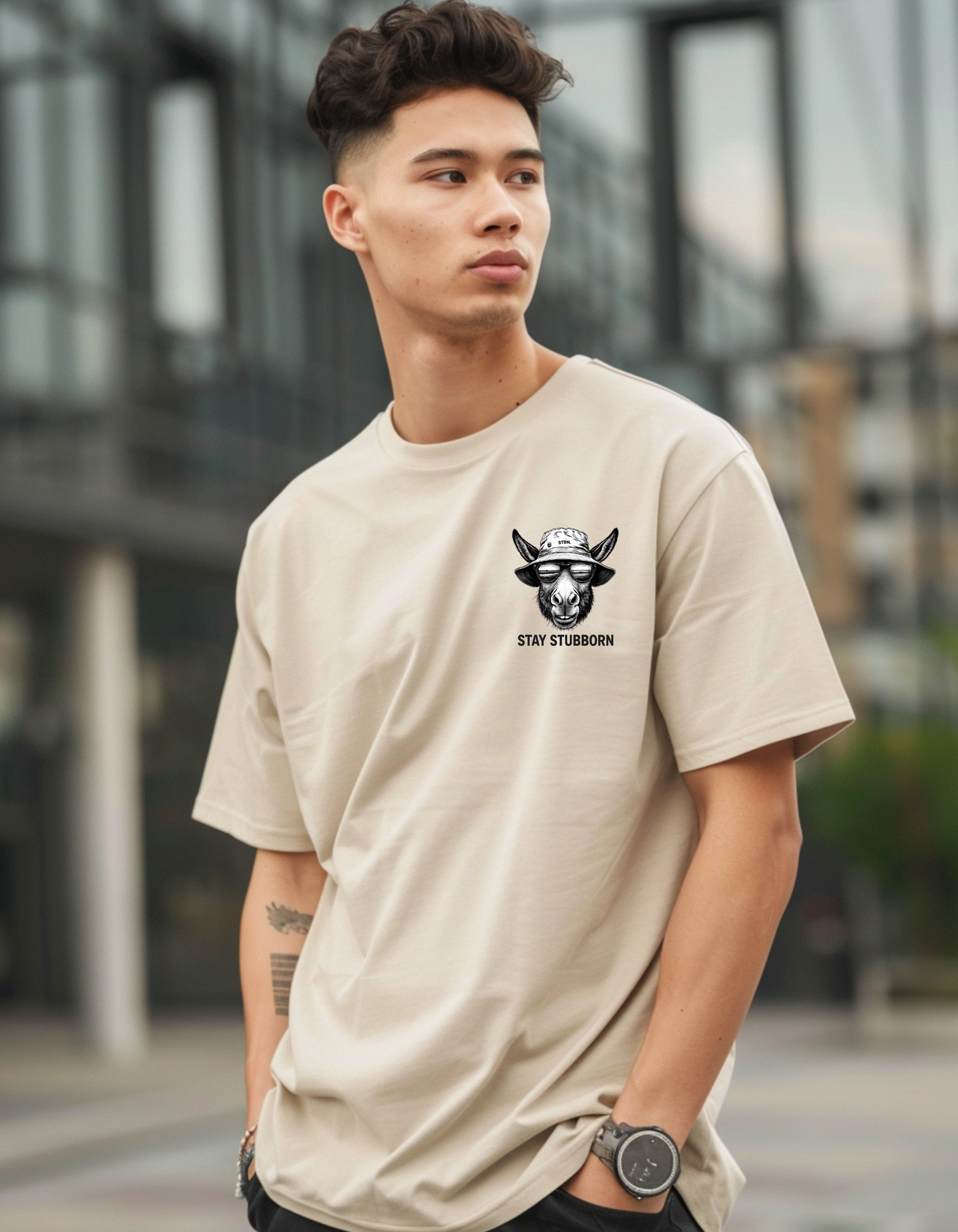 Stay Stubborn – Minimal Logo Tee - Sand