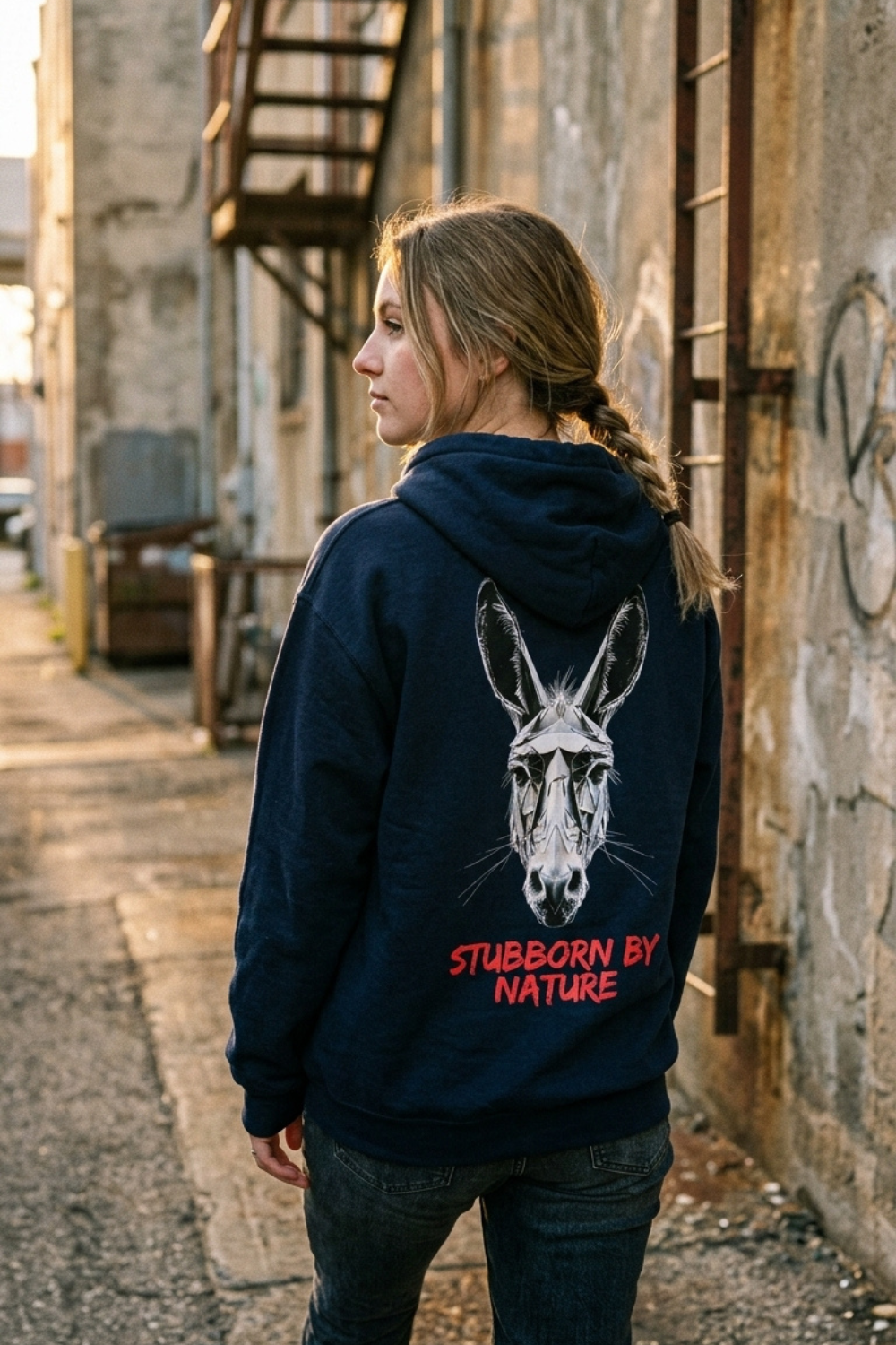 Woman from behind walking down an urban brick alley at golden hour wearing STBN Stubborn by Nature navy hoodie with bold donkey back graphic and pink back print, dark cargo trousers and white sneakers.