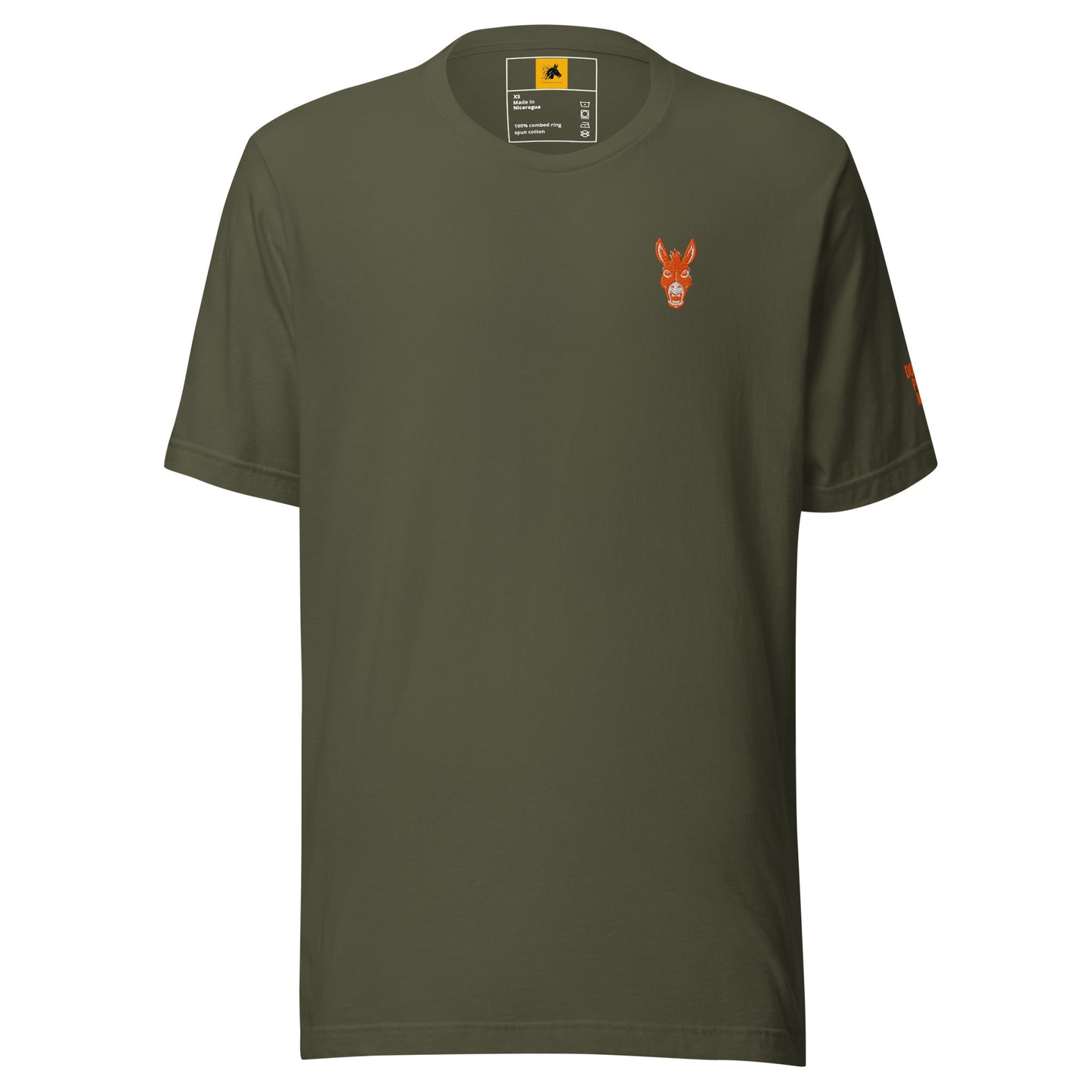 STBN Don't Follow. Anyone. military green t-shirt front view showing orange embroidered donkey head chest logo and Don't Pet Me left sleeve detail.