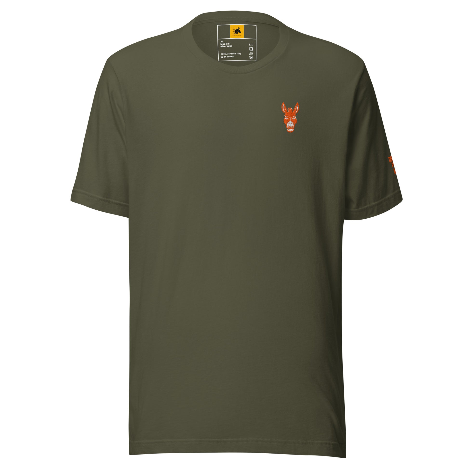STBN Don't Follow. Anyone. military green t-shirt front view showing orange embroidered donkey head chest logo and Don't Pet Me left sleeve detail.