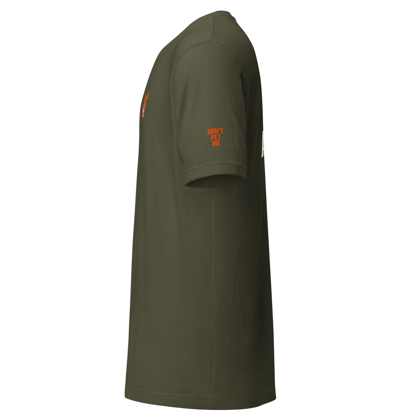 STBN Don't Follow. Anyone. military green t-shirt left side view showing orange embroidered Don't Pet Me sleeve text and side-seam construction detail.