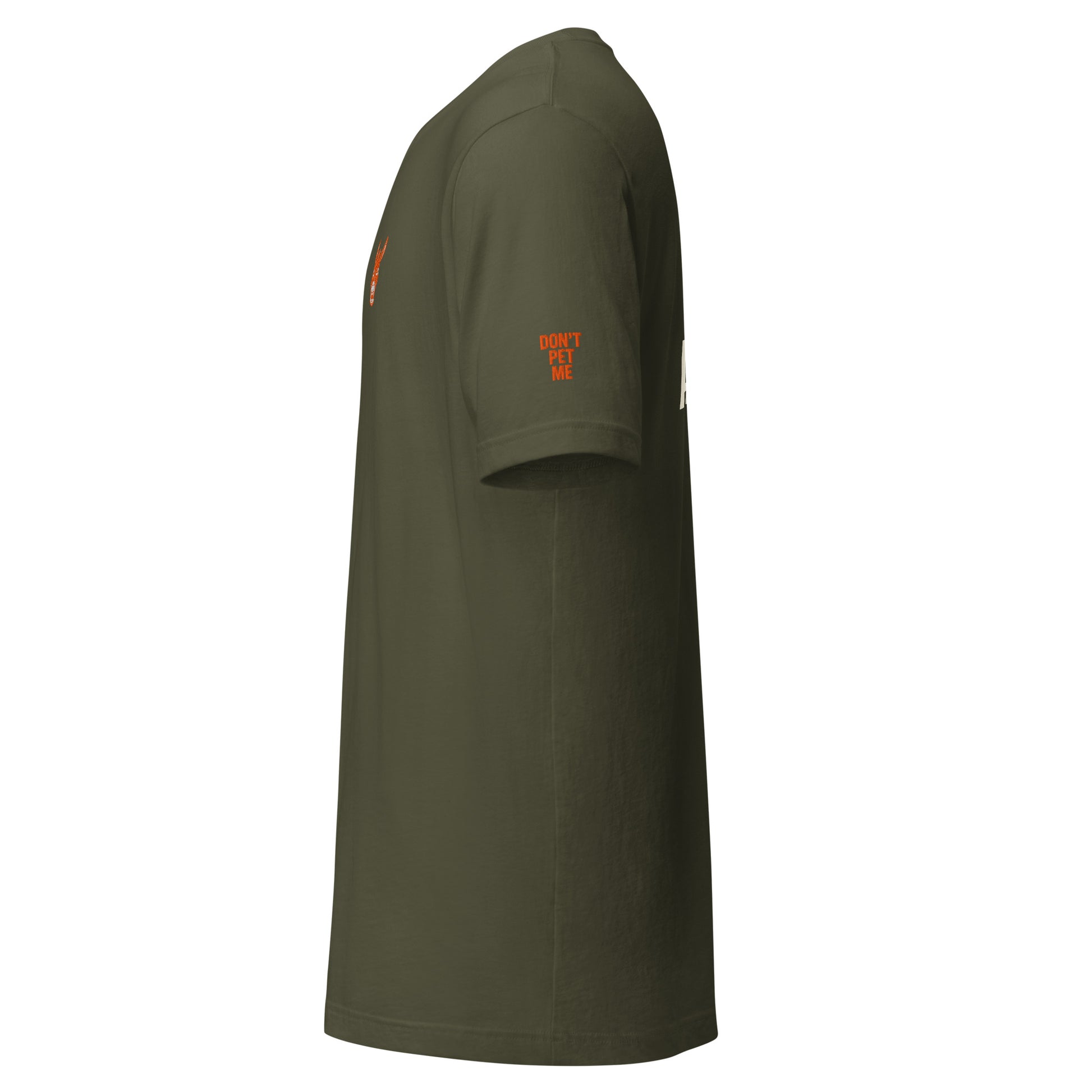 STBN Don't Follow. Anyone. military green t-shirt left side view showing orange embroidered Don't Pet Me sleeve text and side-seam construction detail.